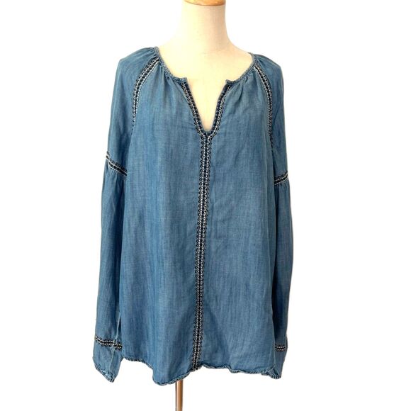 Gap 1969 Chambray Denim Peasant Top Medium Embroidered Seams Boho - Picture 1 of 9
